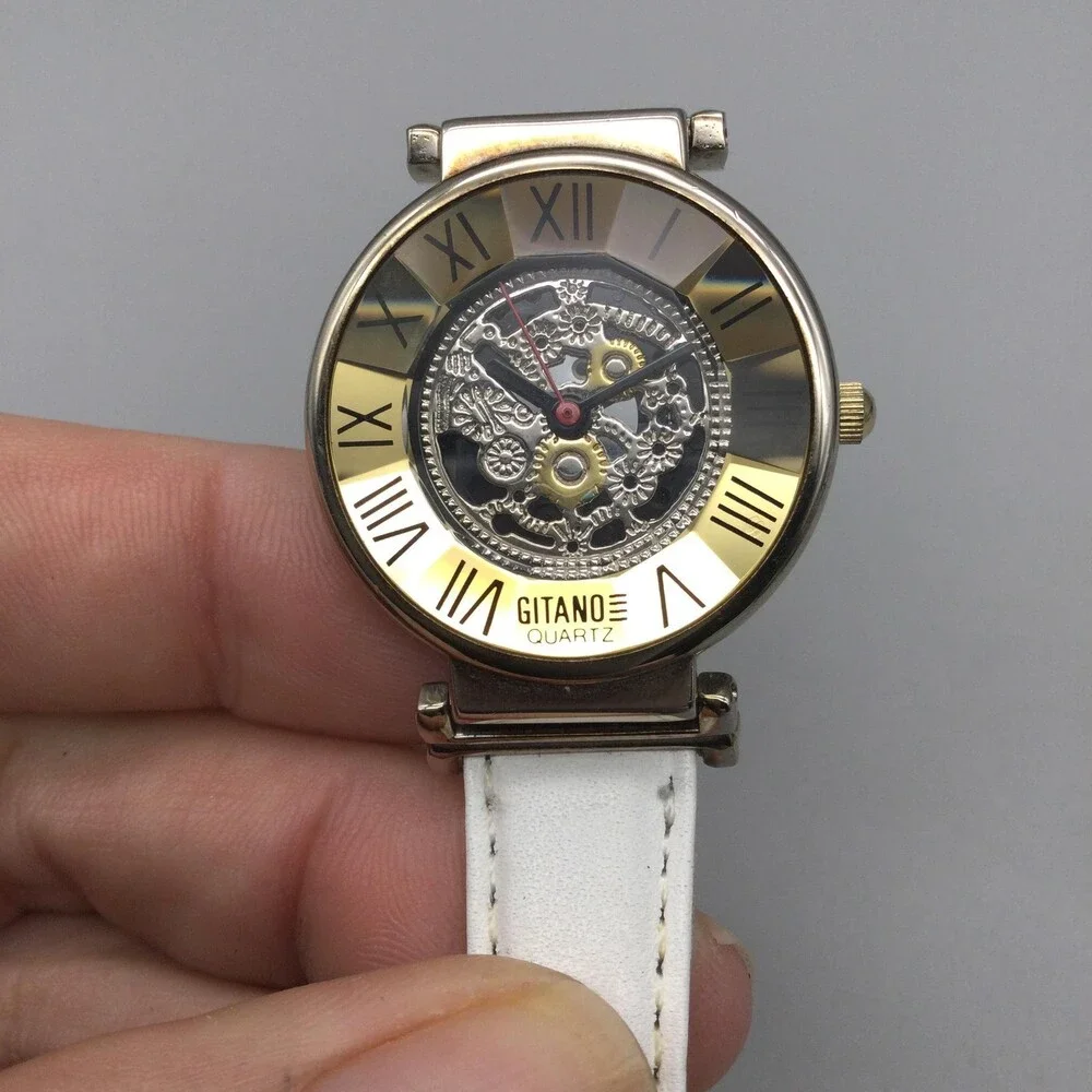 Vintage Gitano Womens Watch 30mm Skeleton Gold Dial White Leather New Battery